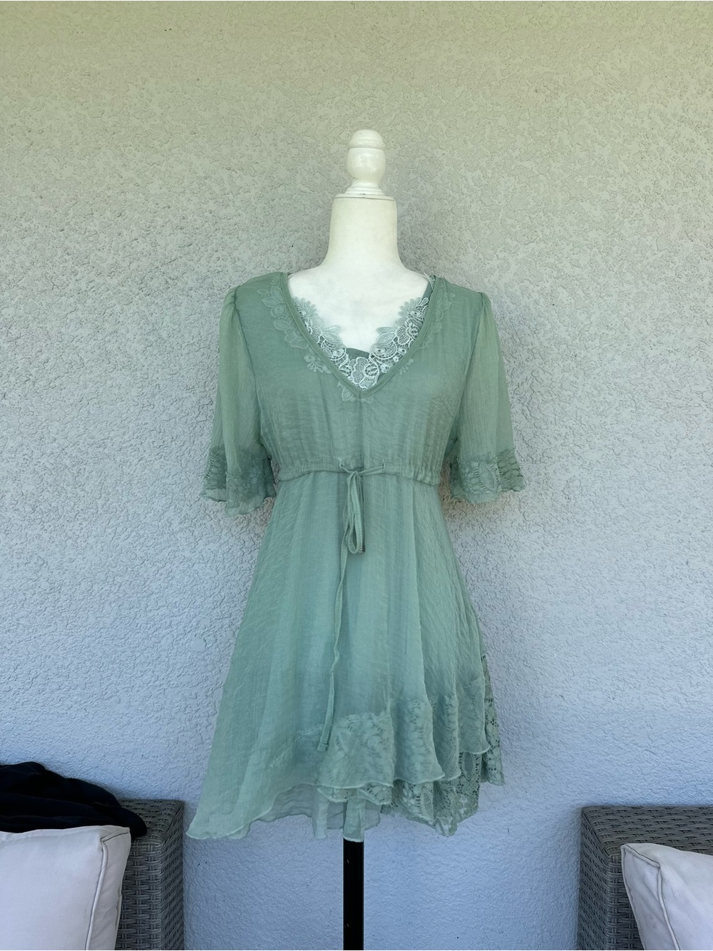 Pretty Angel Sage Green Lace-Trim V-Neck Mini Dress
